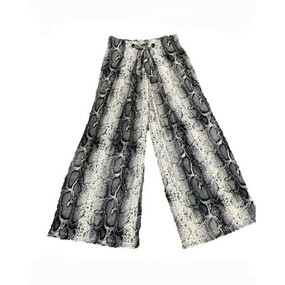 Goddess Wide Leg Pants Size 1X Snake Print Gray White Loose Fit Palazzo Poplin - Picture 1 of 12